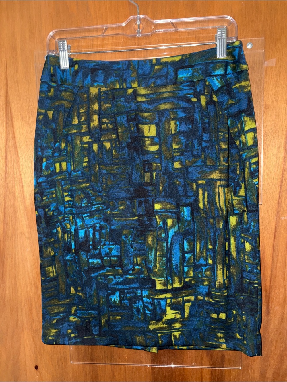 Premise Blue & Yellow Abstract Print Pencil Skirt